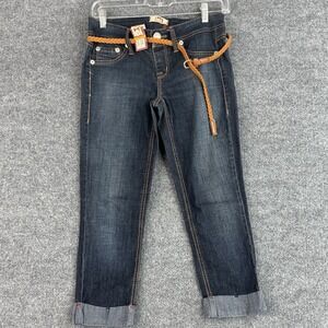 l.e.i. Jeans Juniors S Dark Wash Belted Straight Leg Cuffed Embroidered NWT